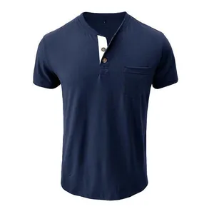 Close-up of navy blue men's Henley shirt with pocket and buttons detail