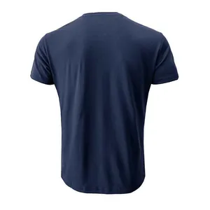 Rear view detail of a navy blue slim fit cotton short sleeve T-shirt for men