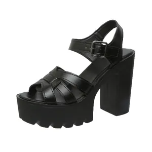 Elegant women's black platform chunky heel Roman sandals with adjustable ankle strap