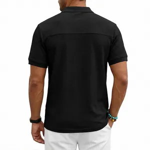 Rear view of black waffle knit Polo shirt for men with premium heavy textured fabric detail