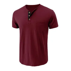 Front view detail of a slim-fit maroon Henley t-shirt featuring a practical chest pocket