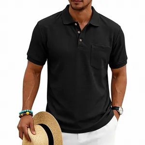 Close-up macro view of high-quality black waffle-textured polo shirt for men with pocket