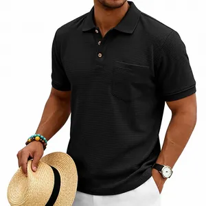 Close-up of premium black waffle-knit men's polo shirt showing heavy fabric texture