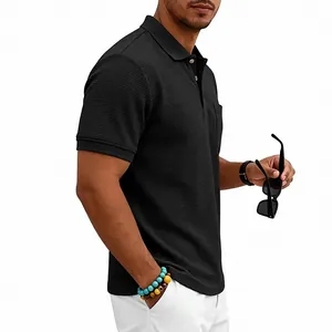 Detailed side view of a men's black waffle knit polo shirt showing fabric texture