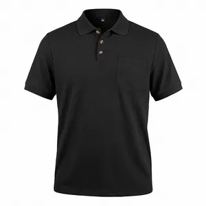 Macro detail of black men's waffle knit Polo shirt featuring chest pocket and buttons