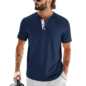 Men's navy blue short sleeve Henley t-shirt featuring a front pocket and slim fit style