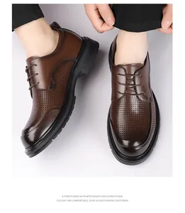 Close-up detail of brown men's hollow business casual leather shoes with laser-cut holes