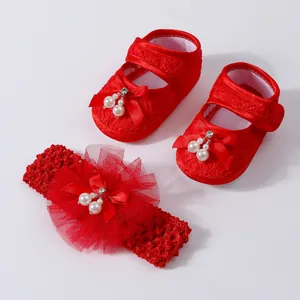 Baby Mädchen Spitze Prinzessin Schuhe Stirnband Set Mesh Satin Künstliche Perle Strass Weiche Sohle Lauflernschuhe Hochzeit Party Schuhe