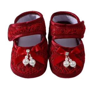 Elegant red lace baby girl princess shoes with satin bow and pearl charms for newborn