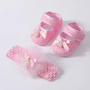 Rosa Spitze Neugeborenen Babyschuhe und Stirnband Set mit Perlen für die Taufe