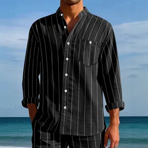 Camisa de lino a rayas transpirable para hombre con cuello mao y bolsillo en la playa