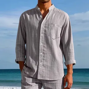 Camisa Casual de Lino a Rayas para Hombre Cuello Alto con Botones Top de Verano Playa Vacaciones Ligera Transpirable