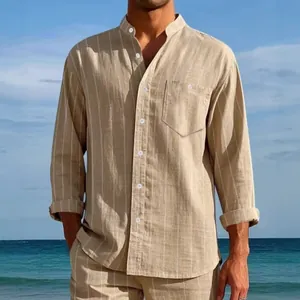 Camisa de lino a rayas para hombre con cuello mao y manga larga estilo playero