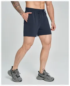 Detailed view of men's dark navy breathable modal shorts for fitness and outdoor hiking