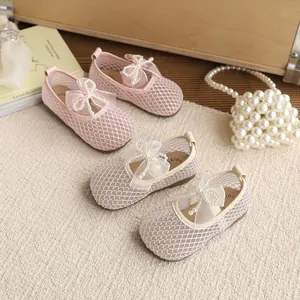 Breathable mesh flat princess shoes for girls with pearl bow decor