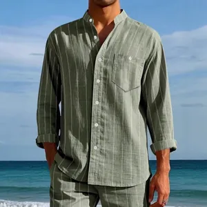 Camisa de lino a rayas para hombre con cuello mandarín para vacaciones de verano