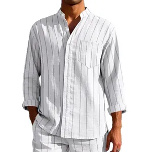 Camisa informal de lino con rayas verticales blancas para hombre y cuello alto