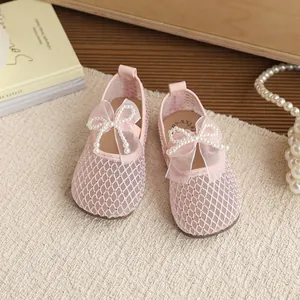 Elegant pink lace mesh flat princess shoes for girls with pearl bow decoration