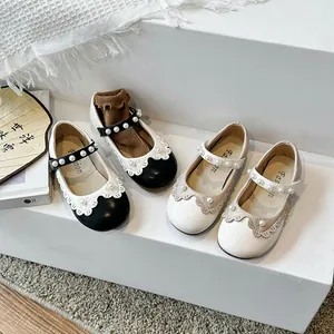 Elegante Mädchen Mary Jane Prinzessin Schuhe mit Perlenriemen und Spitzenbesatz