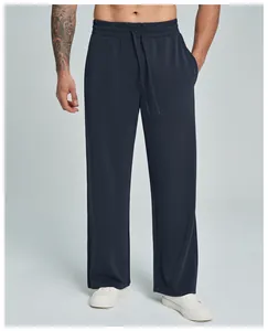 Detail view of men's breathable modal straight-leg pants with drawstring waist