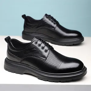 Men's black business casual leather oxfords with breathable perforated lace-up design