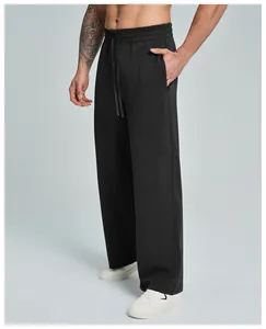 Detailed side view of men's black modal breathable straight-leg athletic trousers with drawstring