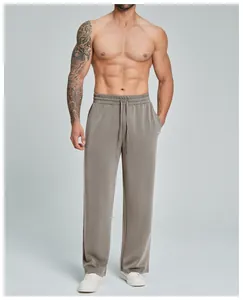Front view of men's gray modal straight-leg pants with elastic drawstring waist