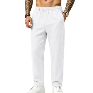 Pantalones de lino casuales blancos para hombre con cordón y diseño de pierna recta