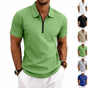 Close-up view of men's waffle knit short sleeve polo shirt with functional zipper collar