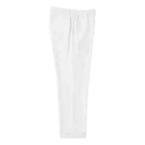 Vista lateral detallada del pantalón informal de lino blanco para hombre con cordón