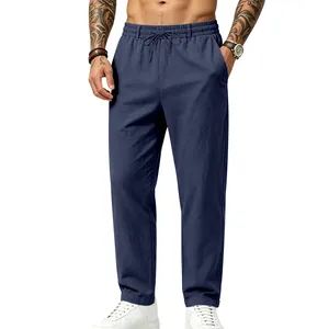 Pantalones casuales de lino azul marino para hombre con cintura elástica ajustable
