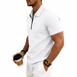 Side view of men's white waffle knit polo shirt featuring a modern zipper neckline