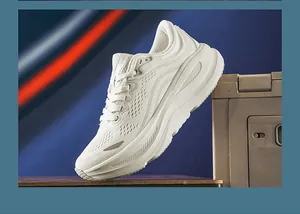 Macro view of white breathable carbon plate running shoes featuring a lightweight design.
