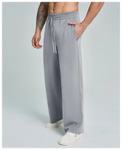 Detailed side view of grey modal breathable wide-leg sports pants for active men.