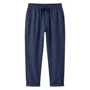 Pantalones de lino informales azul marino para hombre con cordón y cintura elástica