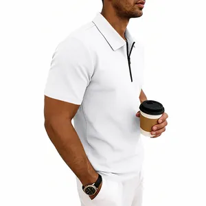 Close-up detail of a white waffle knit short sleeve polo shirt with a zipper neck