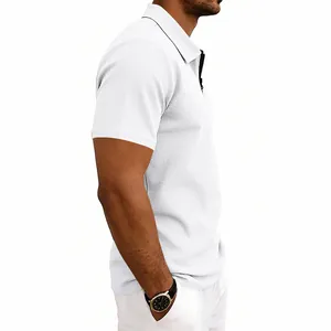 Side view detail of a men's white waffle knit polo shirt featuring a modern zipper collar