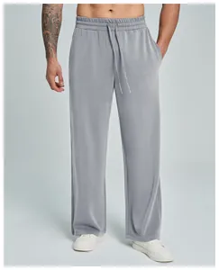 Grey modal straight-leg trousers for men showing comfortable fit and drawstring waist
