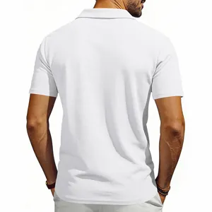 Back view of a men's white waffle knit short-sleeved Polo shirt for golf and casual wear