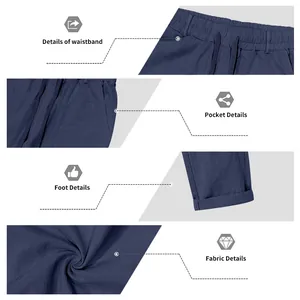 Detalle de los pantalones de lino azul marino para hombre con cordón en la cintura y tela