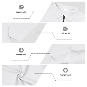Detailed macro views of white waffle knit polo shirt neck, cuff, hem, and fabric texture