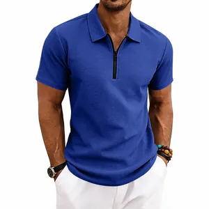 Men's blue waffle knit polo shirt with zipper collar detail and short sleeves