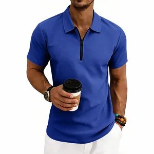 Close-up of men's blue waffle knit Polo shirt featuring a stylish zipper collar detail.