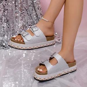 Stylish silver metallic snakeskin platform sandals with adjustable double buckle straps