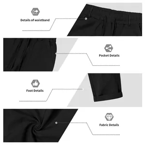 Detalles de pantalones de lino negro para hombre con cintura, bolsillos y el tejido.