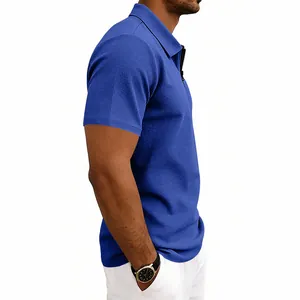 Side view of men's blue waffle knit polo shirt showing fabric texture and athletic fit