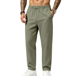Pantalones casuales de lino verde para hombre con cordón para vacaciones y uso diario