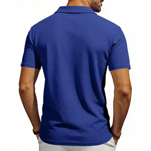 Back view of a navy blue waffle knit polo shirt for men in casual style