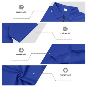 Close-up shots of blue waffle polo neck, zipper, cuffs, hem and textured fabric details