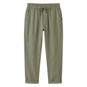 Pantalones de lino para hombre verde oliva con cordón, corte recto y cintura elástica